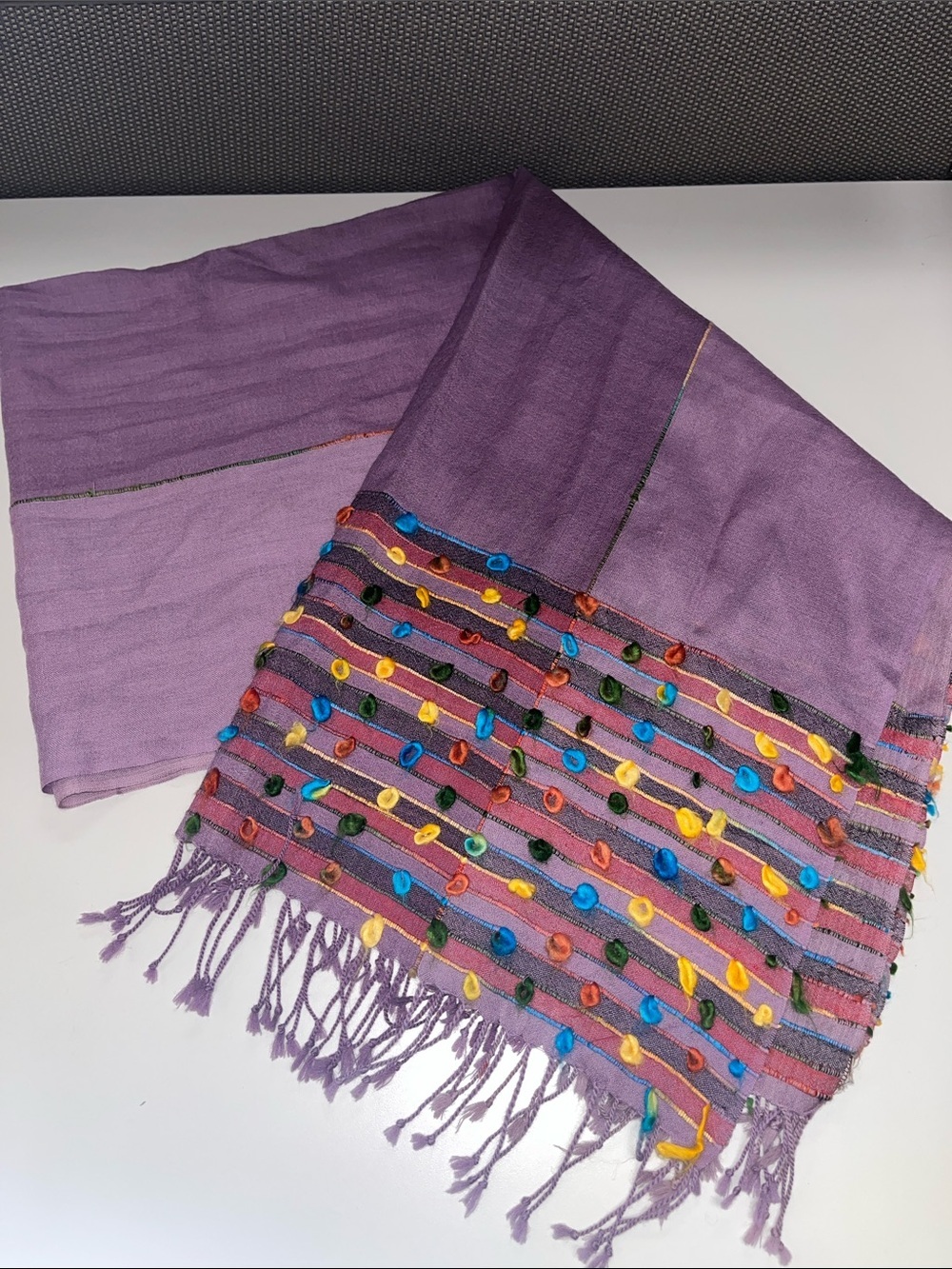 Source Unknown Purple Embroidered Fringe Wrap with Multicolor Accents